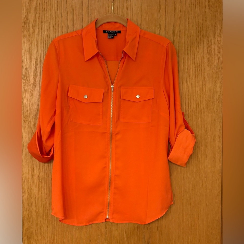 Tracy M. - Silky Zipper Front Blouse in Bright Orange - Size M - Like New